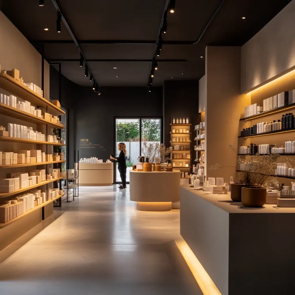 Minimalist Retail Store: Where Style Meets Function Minimalist retail store interior with a customer browsing products