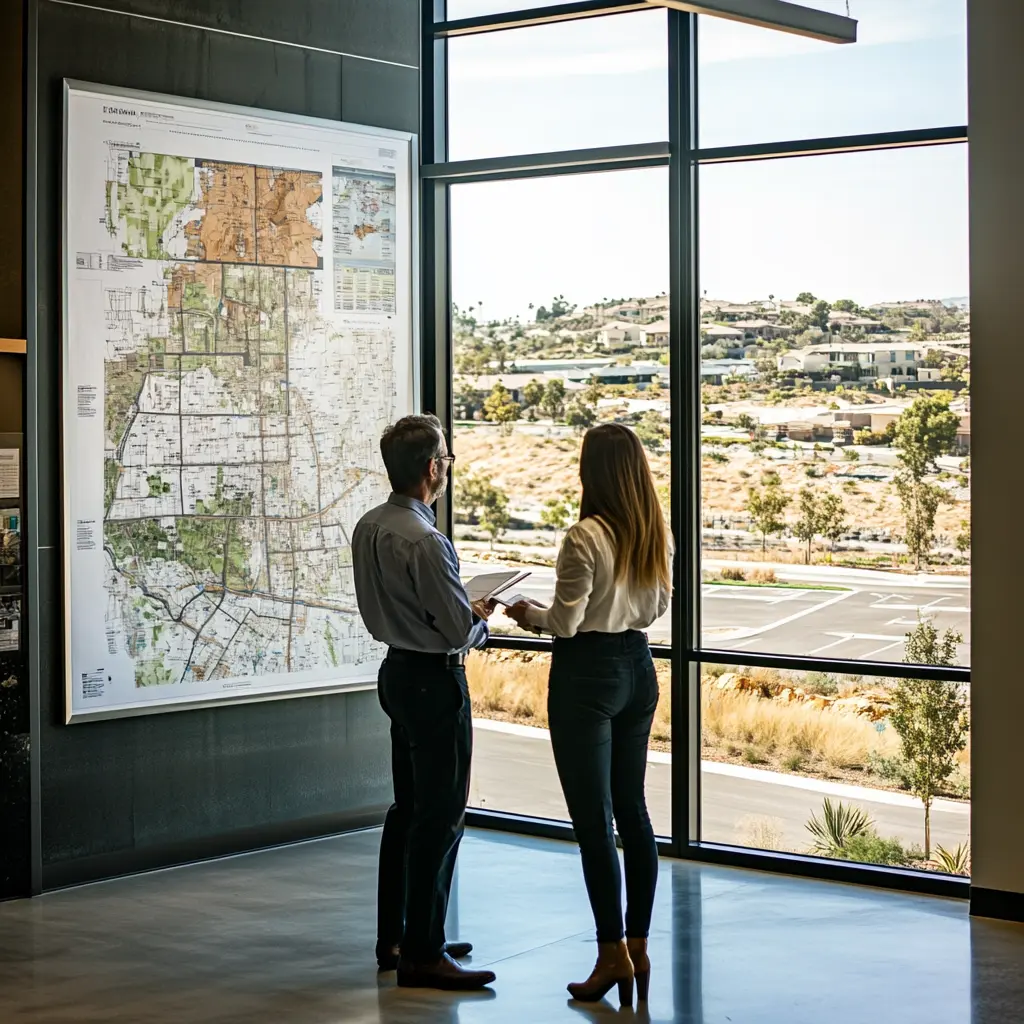 Mission Viejo Architect: Tailored Designs for Your Local Lifestyle Architect discussing project with client in front of Mission Viejo map in Seal Beach