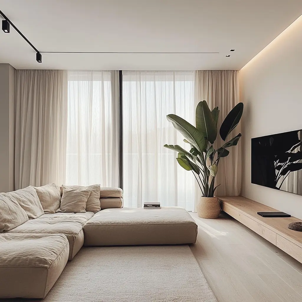 A minimalist apartment living room with a Missoni-style sofa, a Mies van der Rohe chaise longue, white curtains, and Strelitzia plants.