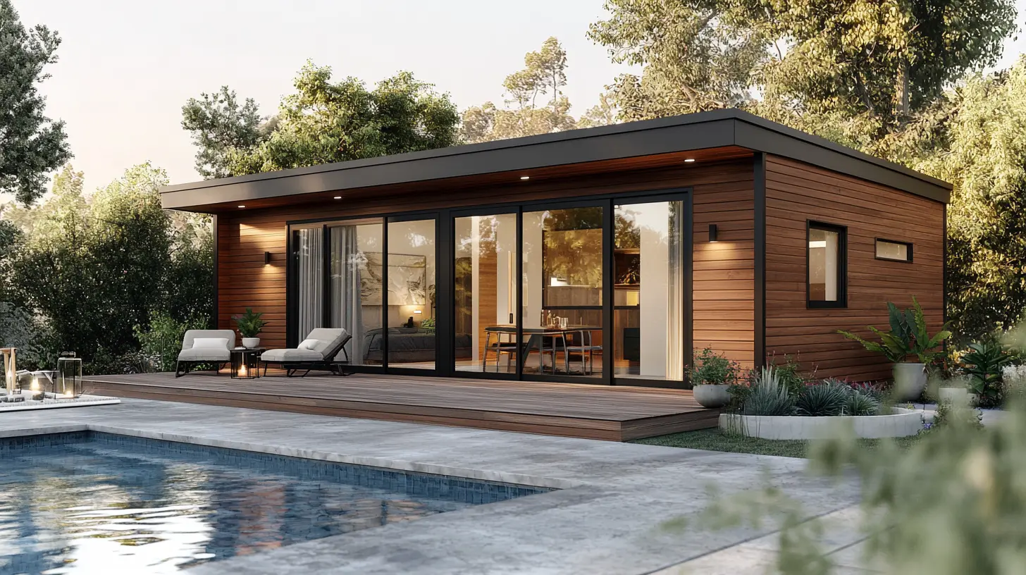 Modern ADU with Serene Backyard Oasis A modern ADU with large windows and a landscaped backyard in Cypress