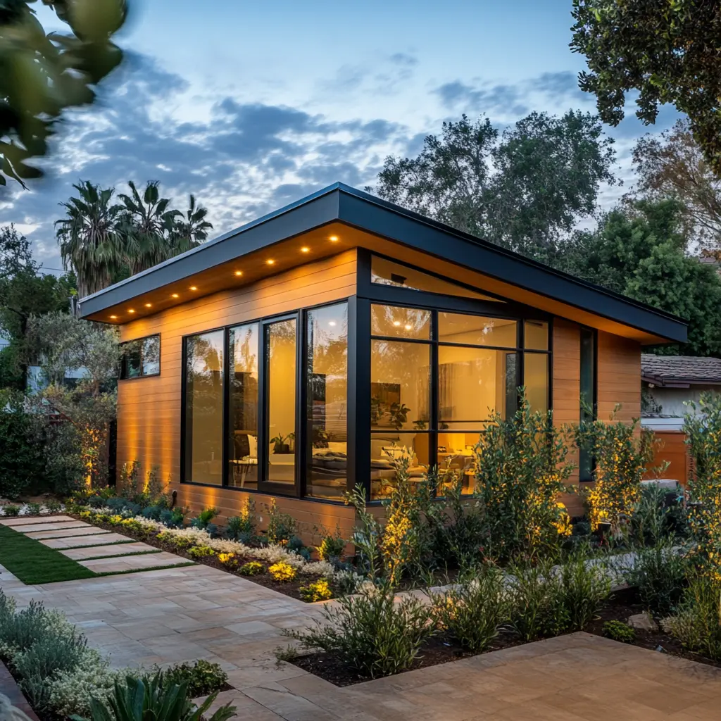 Modern ADU in Placentia with large windows and lush landscaping