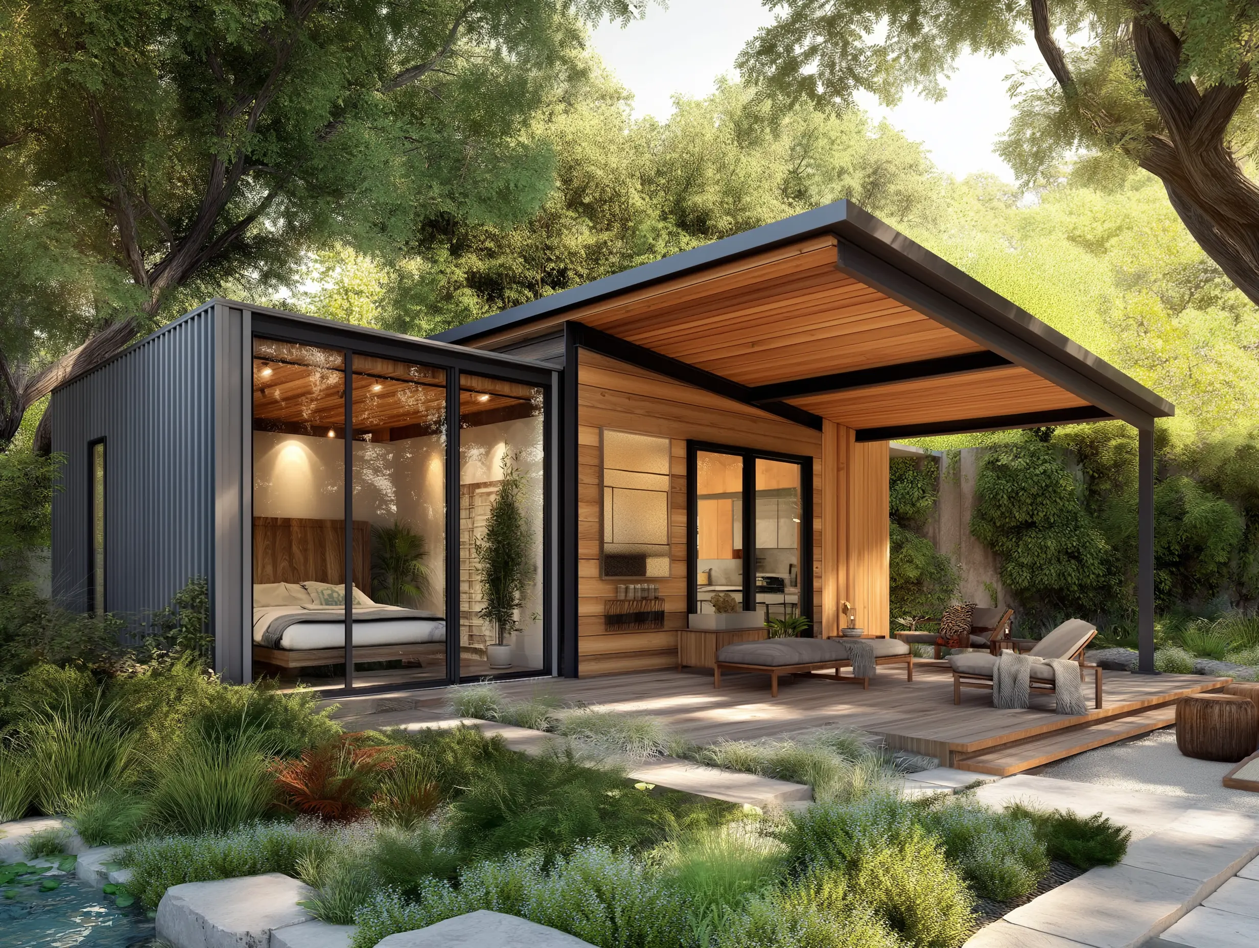 A modern ADU with a gray vertical panel facade in a San Diego backyard.