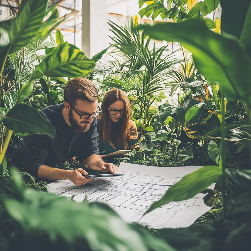 Design Your Dreams in Our Inspiring Workspace A modern and inspiring architecture office with glass walls, plants, and a collaborative workspace.