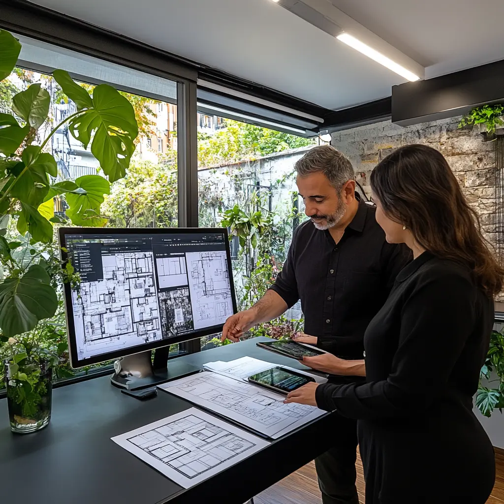 Modern Architecture Office Design: Inspiring and Functional A bright and airy architecture office with glass walls, potted plants, and a minimalist design.