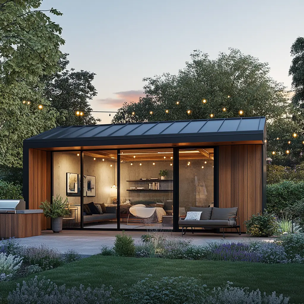 A modern ADU with large windows, a flat roof, and a small patio surrounded by greenery.