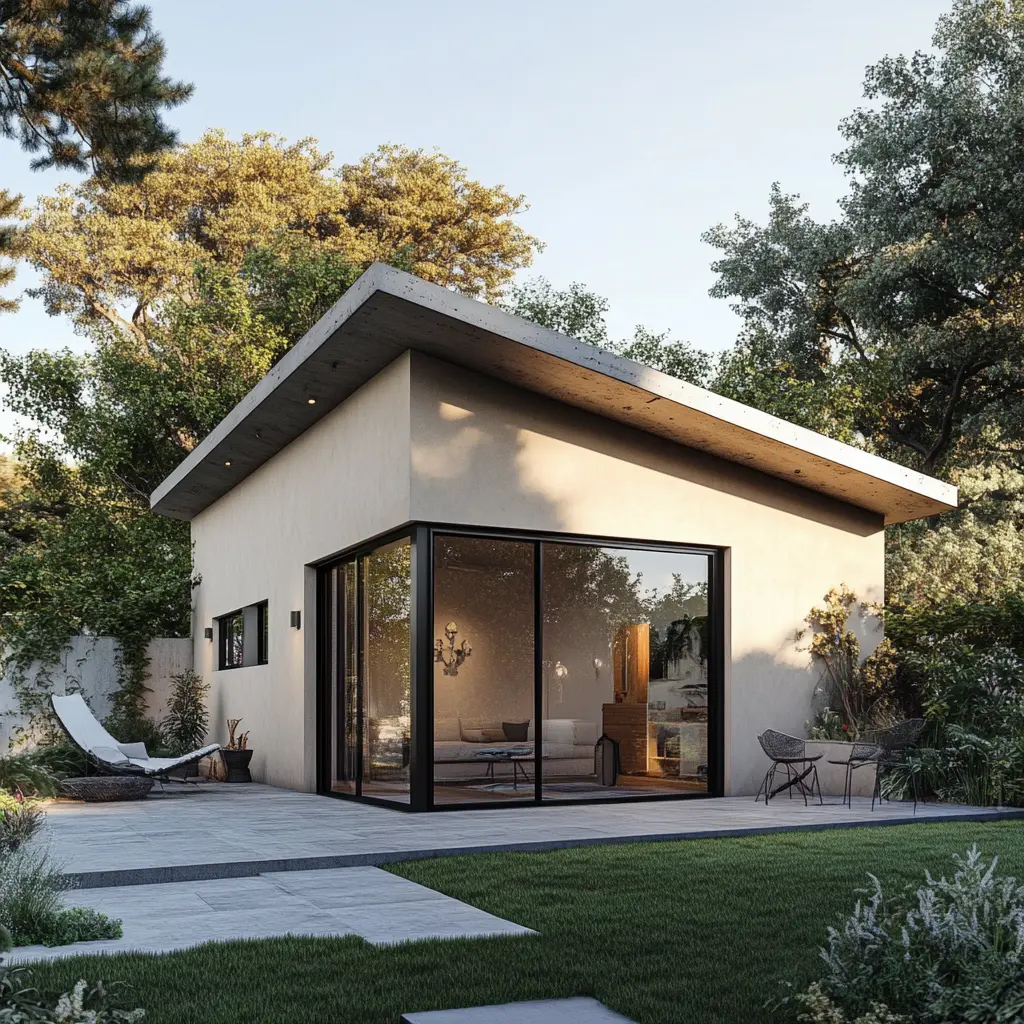 Modern Backyard ADU with Large Sliding Glass Door A modern backyard accessory dwelling unit with large sliding glass doors, a concrete tile shed roof, and stucco siding in Altadena