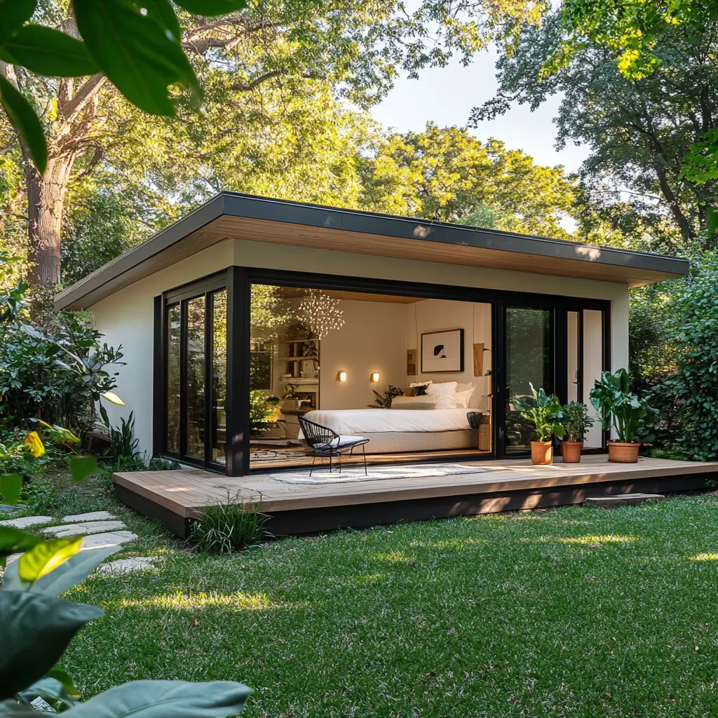 Modern Backyard Suite: A Peaceful Retreat A modern backyard suite with large windows and a small patio surrounded by greenery in Newport Beach