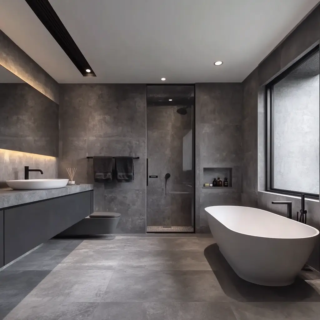 Sleek and Sophisticated Bathroom Design with Gray Microcement A spacious bathroom with a large walk-in shower featuring dark gray microcement walls and a light gray marble vanity.