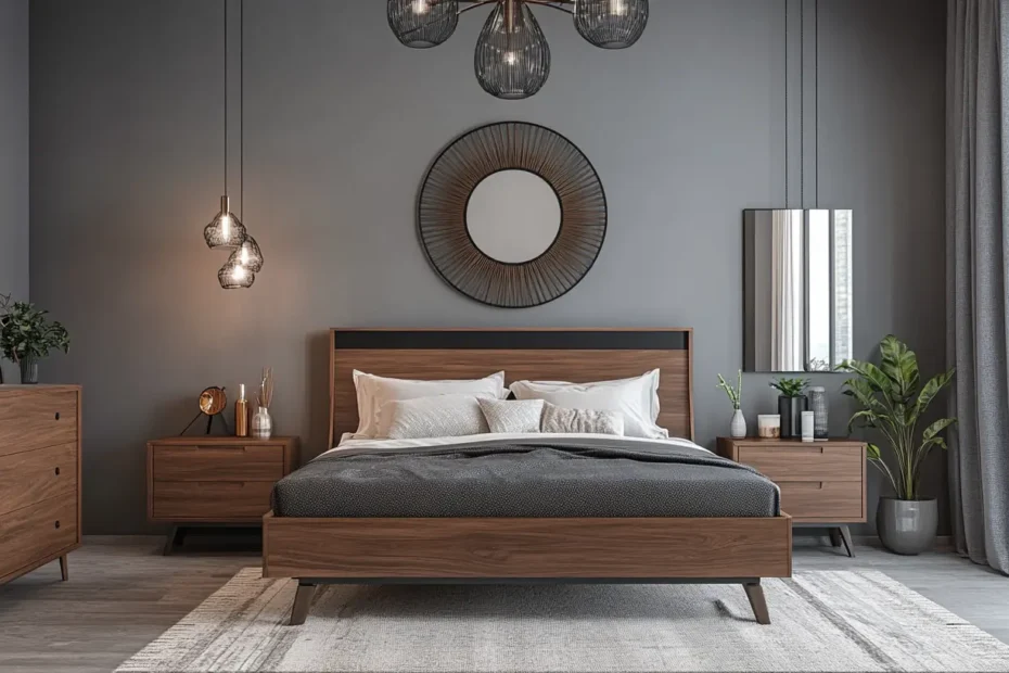 Designing Modern bedroom interior featuring a sleek dresser with a mirror above it.