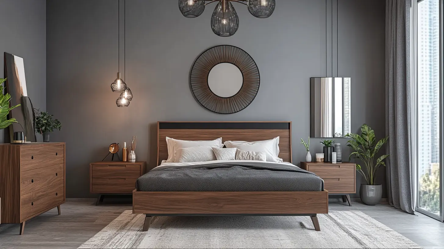 Designing Modern bedroom interior featuring a sleek dresser with a mirror above it.