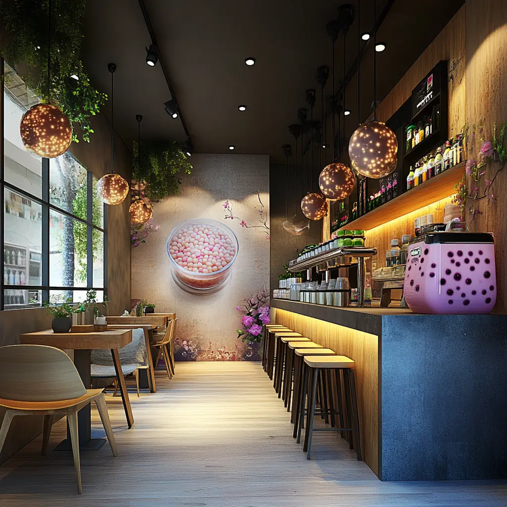 Modern Boba Tea Shop: A Colorful and Inviting Space A vibrant boba tea shop interior with colorful drinks and cozy seating.