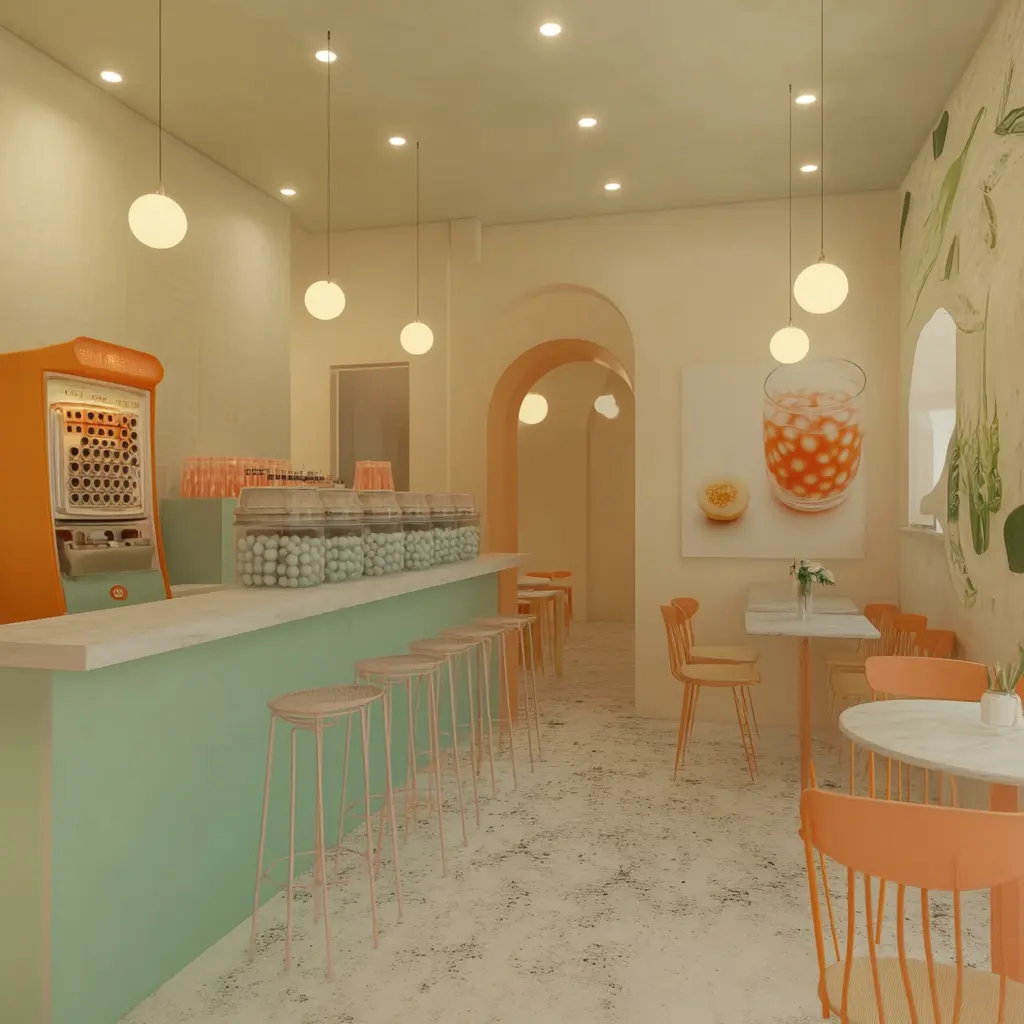 Modern Boba Tea Shop: A Colorful and Inviting Space A vibrant boba tea shop interior with colorful drinks and cozy seating.