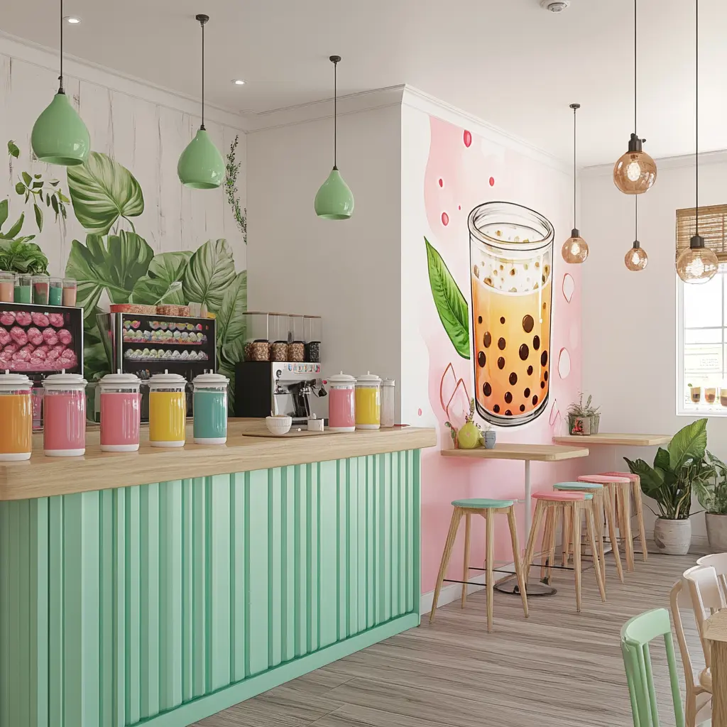 Modern Boba Tea Shop: A Colorful and Inviting Space A vibrant boba tea shop interior with colorful drinks and cozy seating.