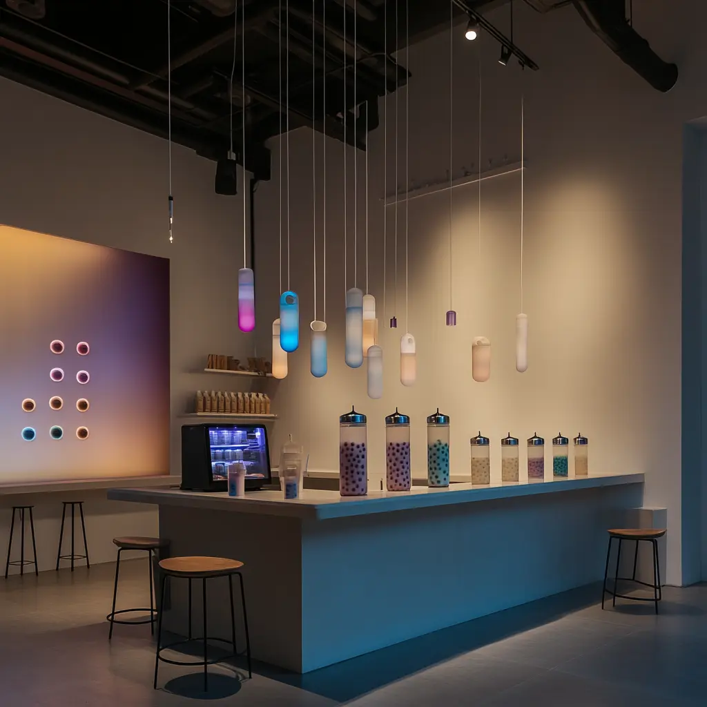 Modern Boba Tea Shop: A Colorful and Inviting Space A vibrant boba tea shop interior with colorful drinks and cozy seating.