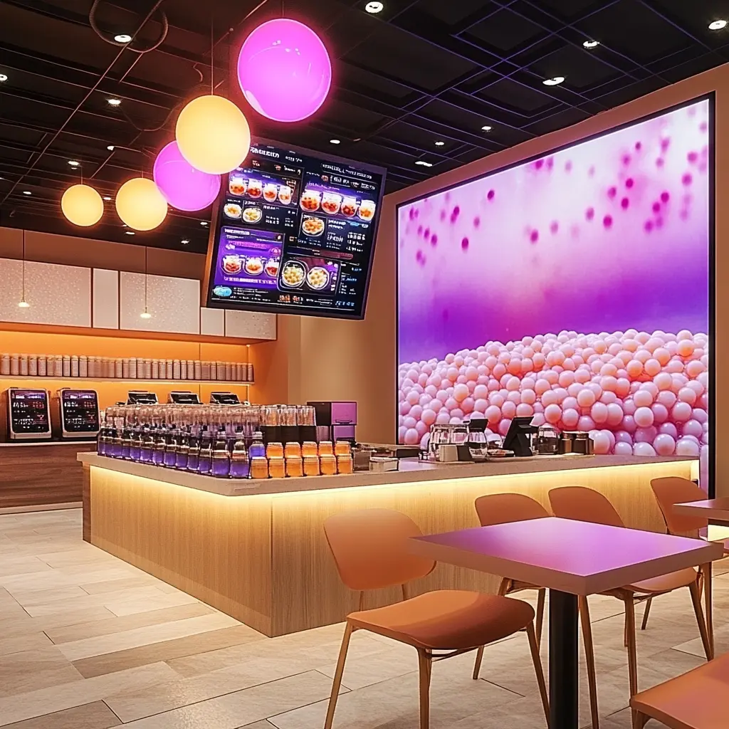 Modern Boba Tea Shop: A Colorful and Inviting Space A vibrant boba tea shop interior with colorful drinks and cozy seating.