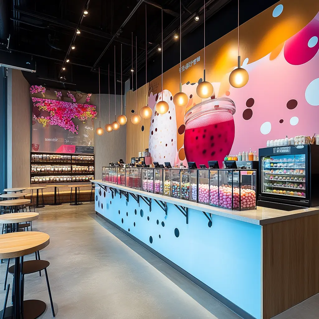 Modern Boba Tea Shop: A Colorful and Inviting Space Vibrant boba tea shop interior with colorful drinks and cozy seating