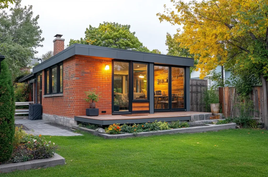 A small modern house with red brick exterior, gray metal cladding, and wooden accents, located in a Montreal neighborhood.