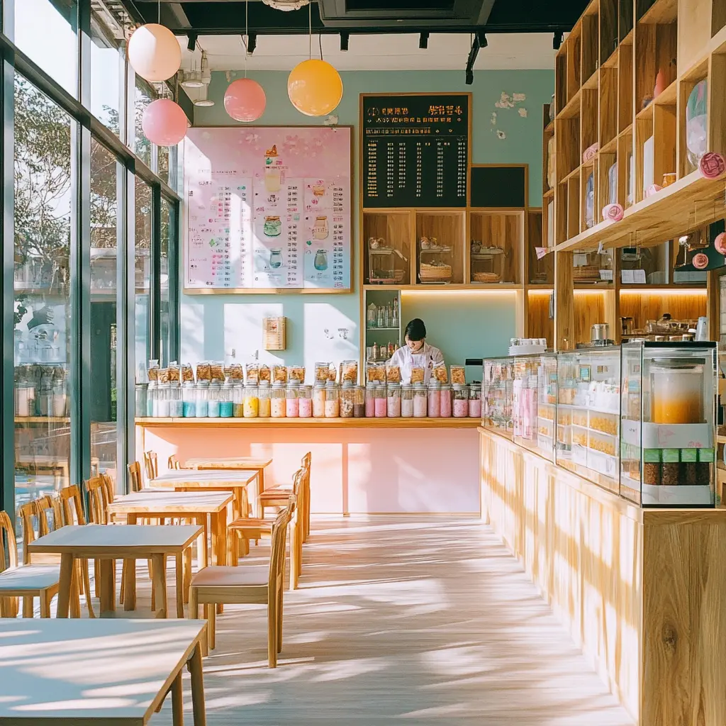 Modern Bubble Tea Shop with Stylish Interior Interior of a modern bubble tea shop with pastel walls and wooden accents.