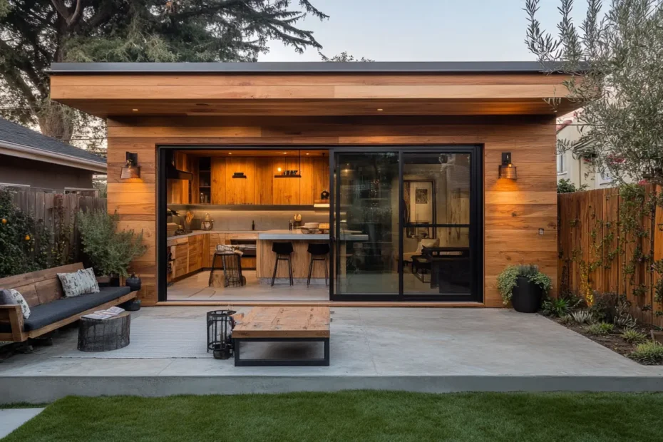 A small, modern home with a wood and concrete patio and kitchen.