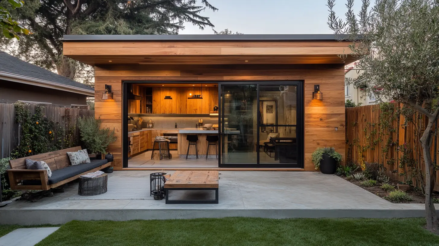 A small, modern home with a wood and concrete patio and kitchen.
