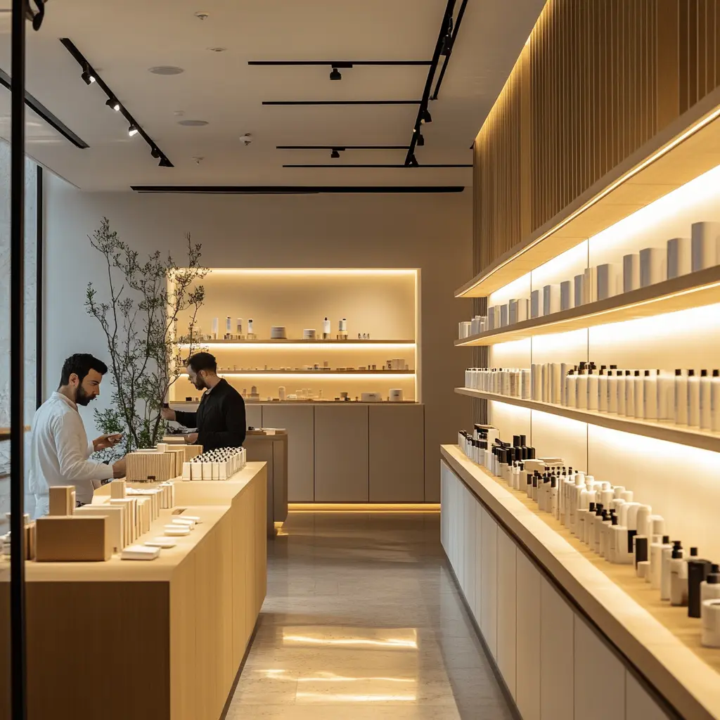 Modern Commercial Interior Design: Stylish and Functional A clean and organized retail store with well-lit shelves.