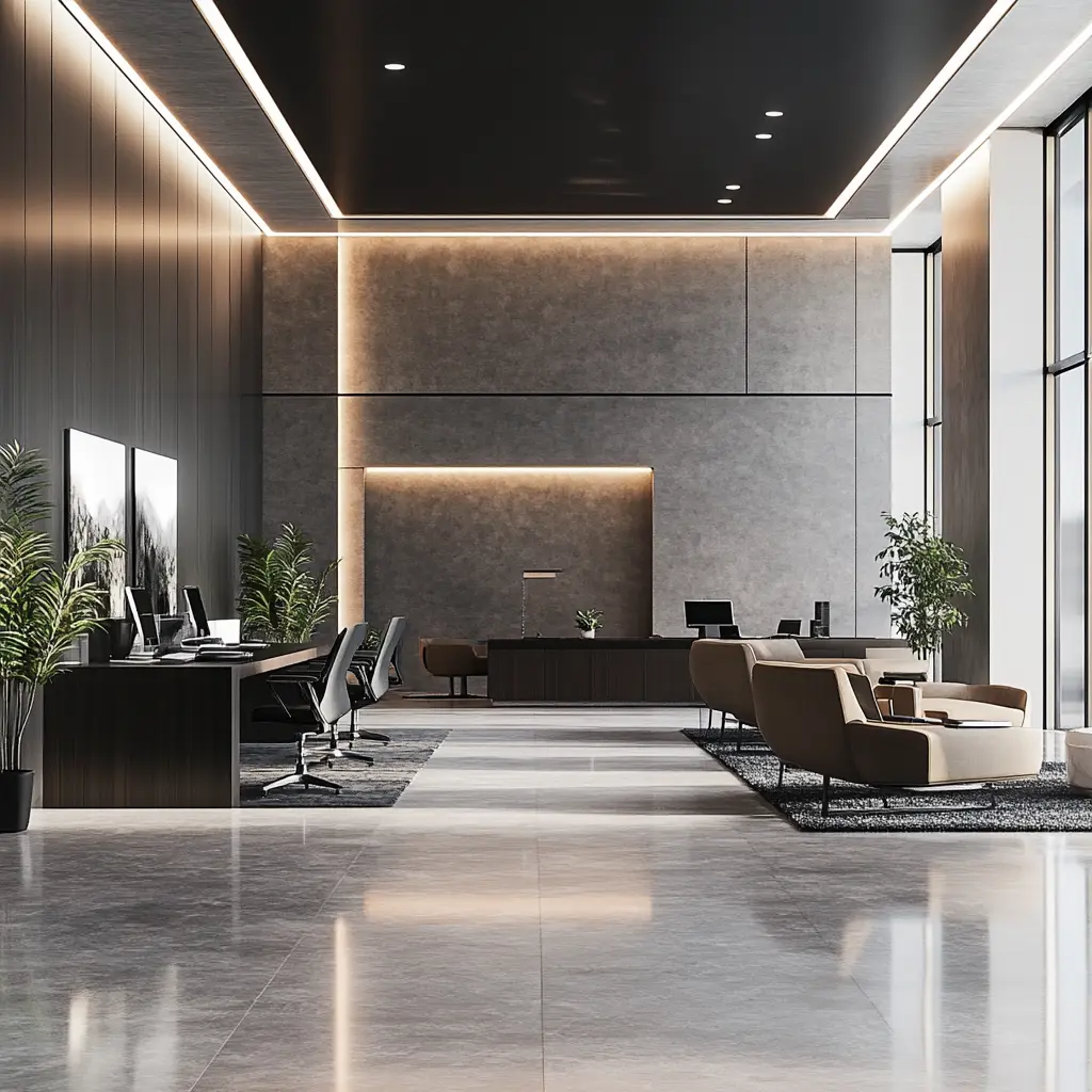 Modern Commercial Space: Sleek Design and Optimal Functionality Sleek 3D render of a modern commercial space with open workspace