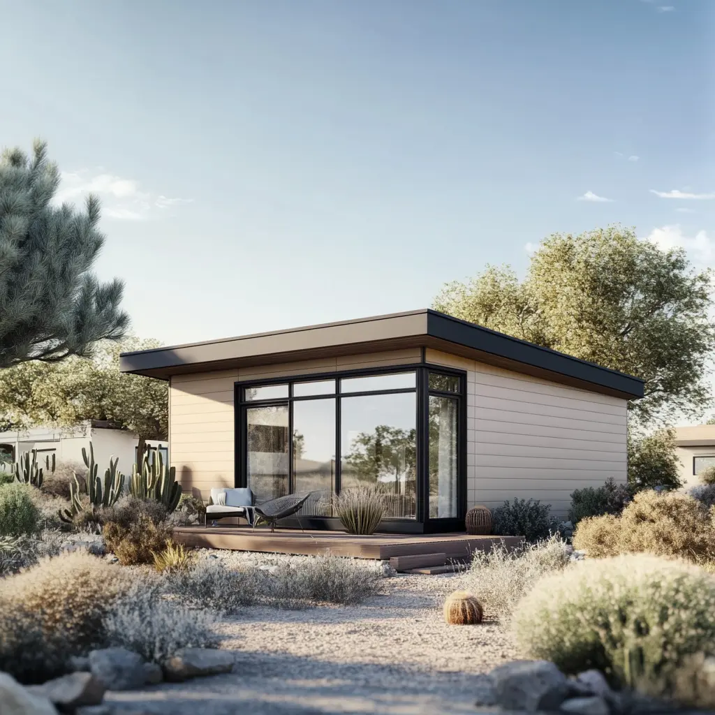 Sleek Modern Guesthouse in Pasadena Property A modern, single-story guesthouse with a flat roof, surrounded by desert plants and a clear blue sky.