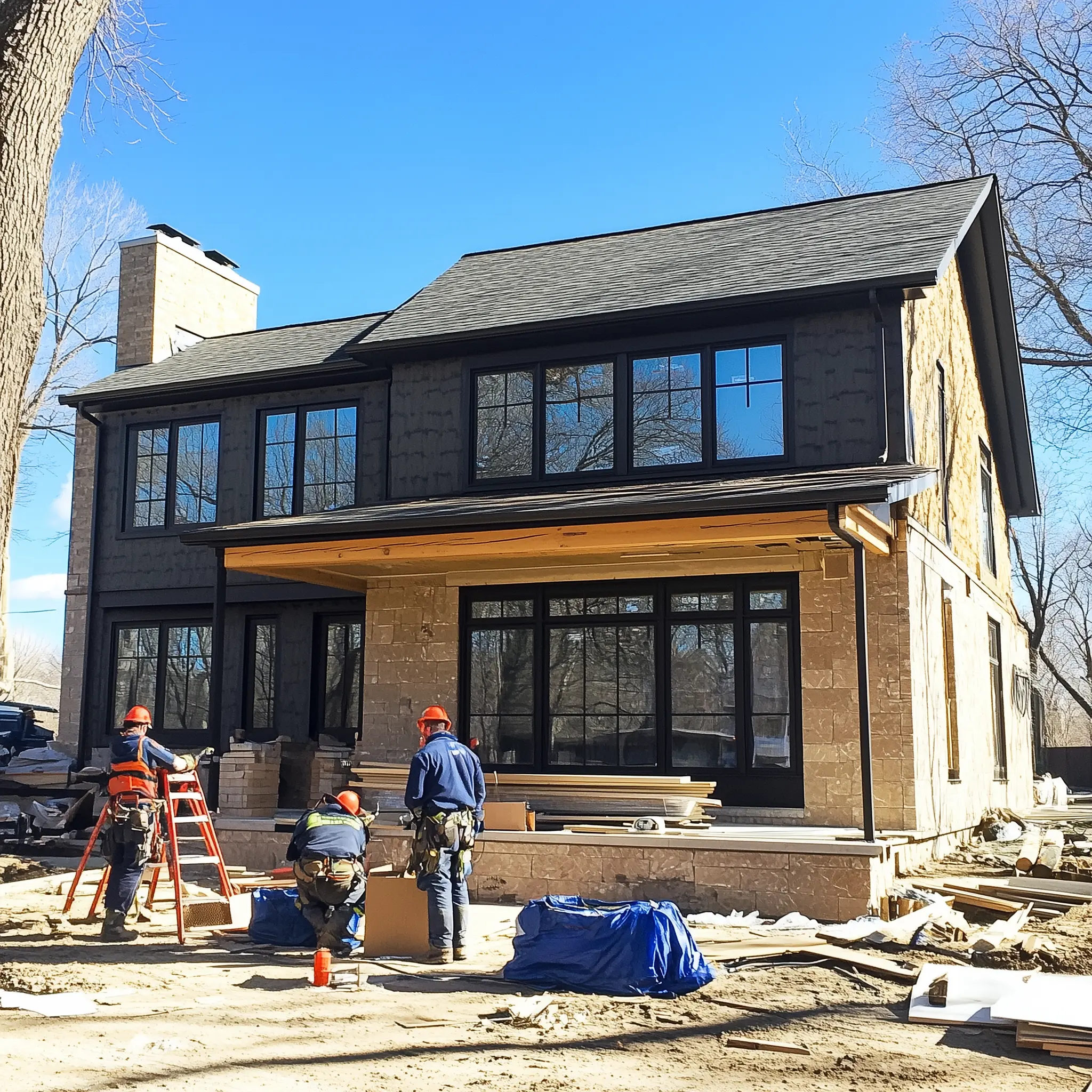 Two contractors working on the exterior of a modern farmhouse renovation on a sunny day.