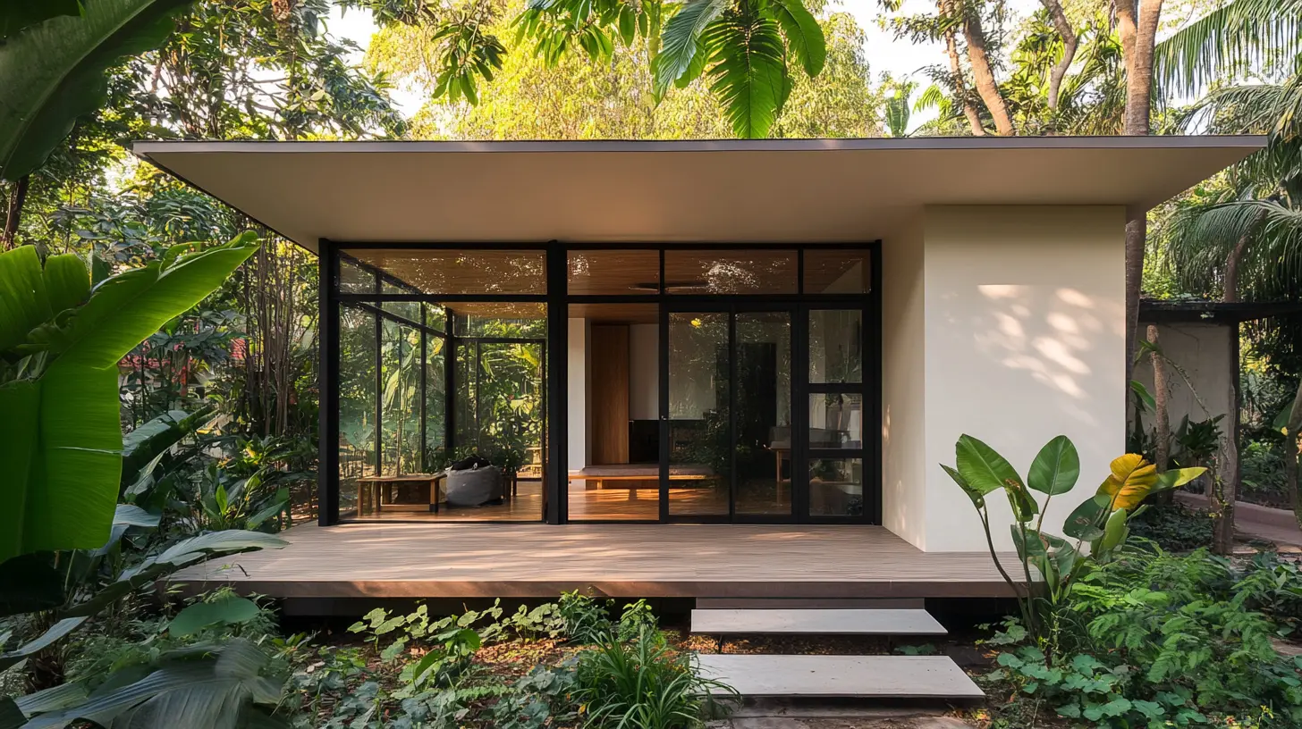 Modern Minimalist House in a Lush Urban Park Modern house with large glass doors surrounded by tropical plants in an urban park.