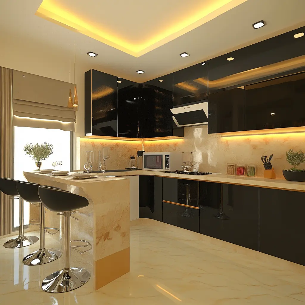 Modern Minimalist Kitchen: Black, White, and Wood A minimalist kitchen with white walls, black accents, and light wood cabinets, featuring a large island in Newport Beach