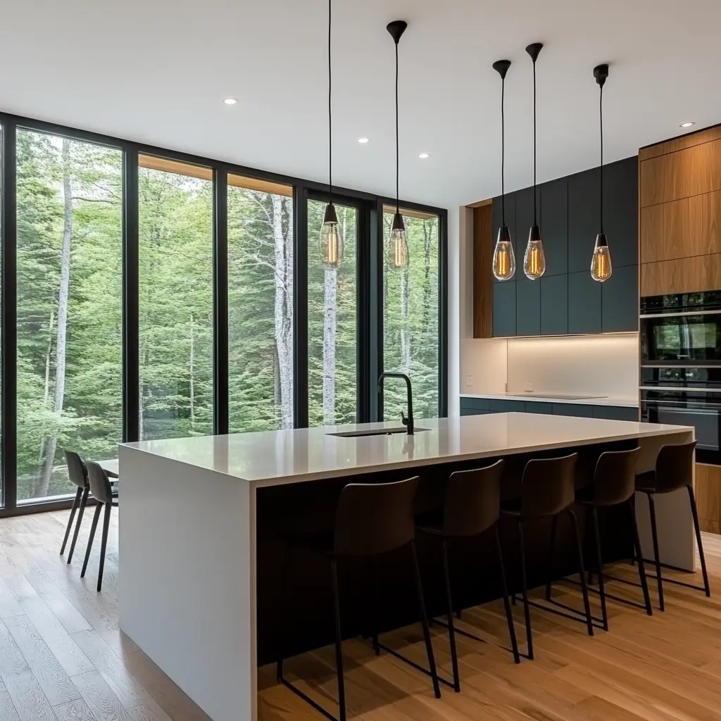 Modern Kitchen with Spacious Island and Natural Light Modern kitchen with a large island, quartz countertops, and natural light.