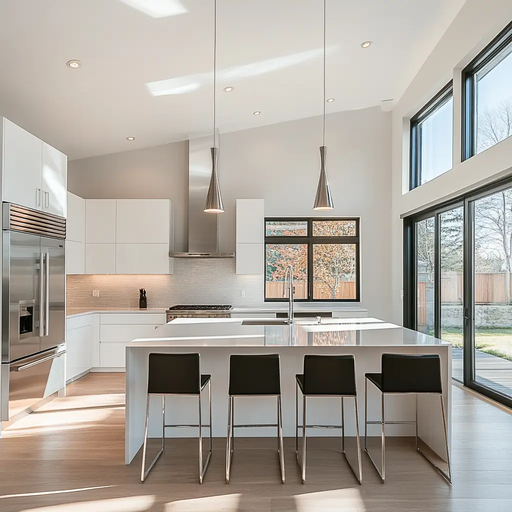 Modern Minimalist Kitchen with Abundant Natural Light Sleek modern kitchen with a large island and pendant lighting