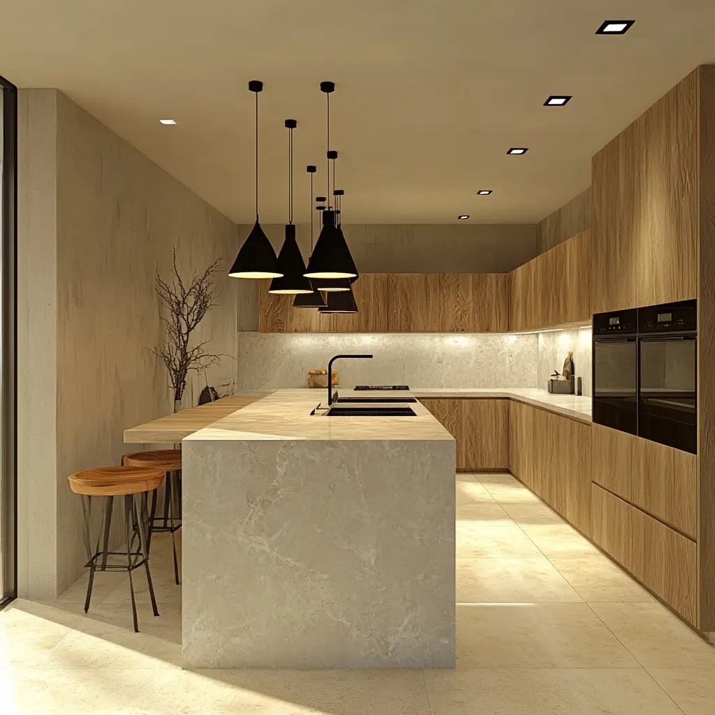 Modern Kitchen Render: Exotic Granite & Wood Cabinets A 3D rendering of a modern kitchen with a large island featuring exotic white granite countertops, warm wood cabinets, and integrated LED lighting.