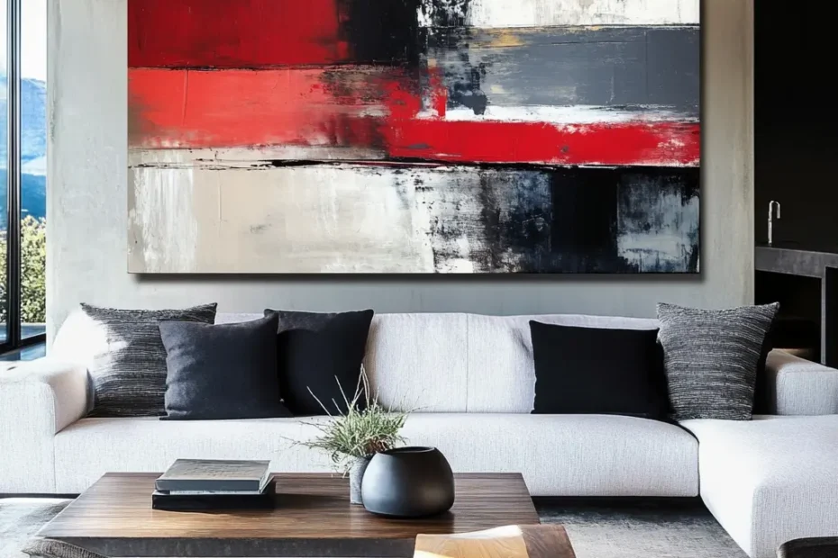 An oversized abstract painting hangs above a sofa in a modern living room.