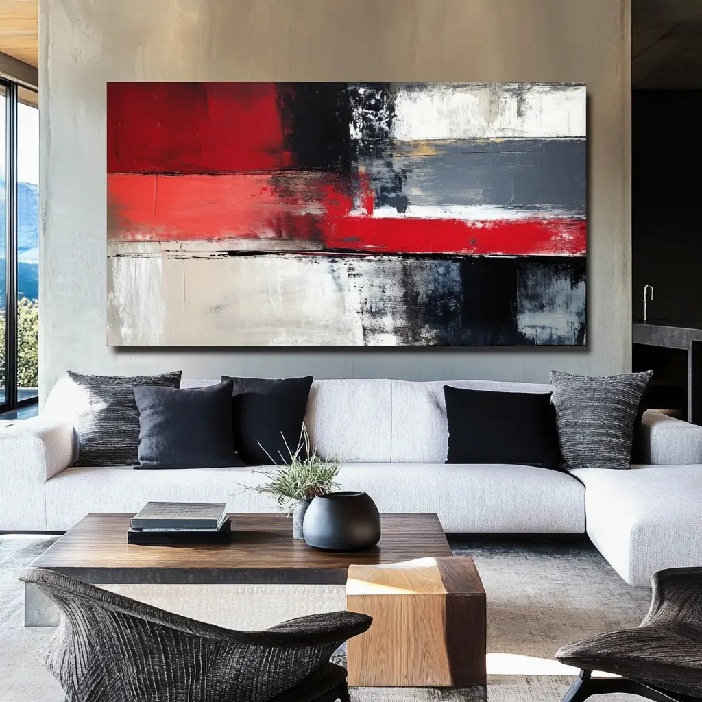 An oversized abstract painting hangs above a sofa in a modern living room.