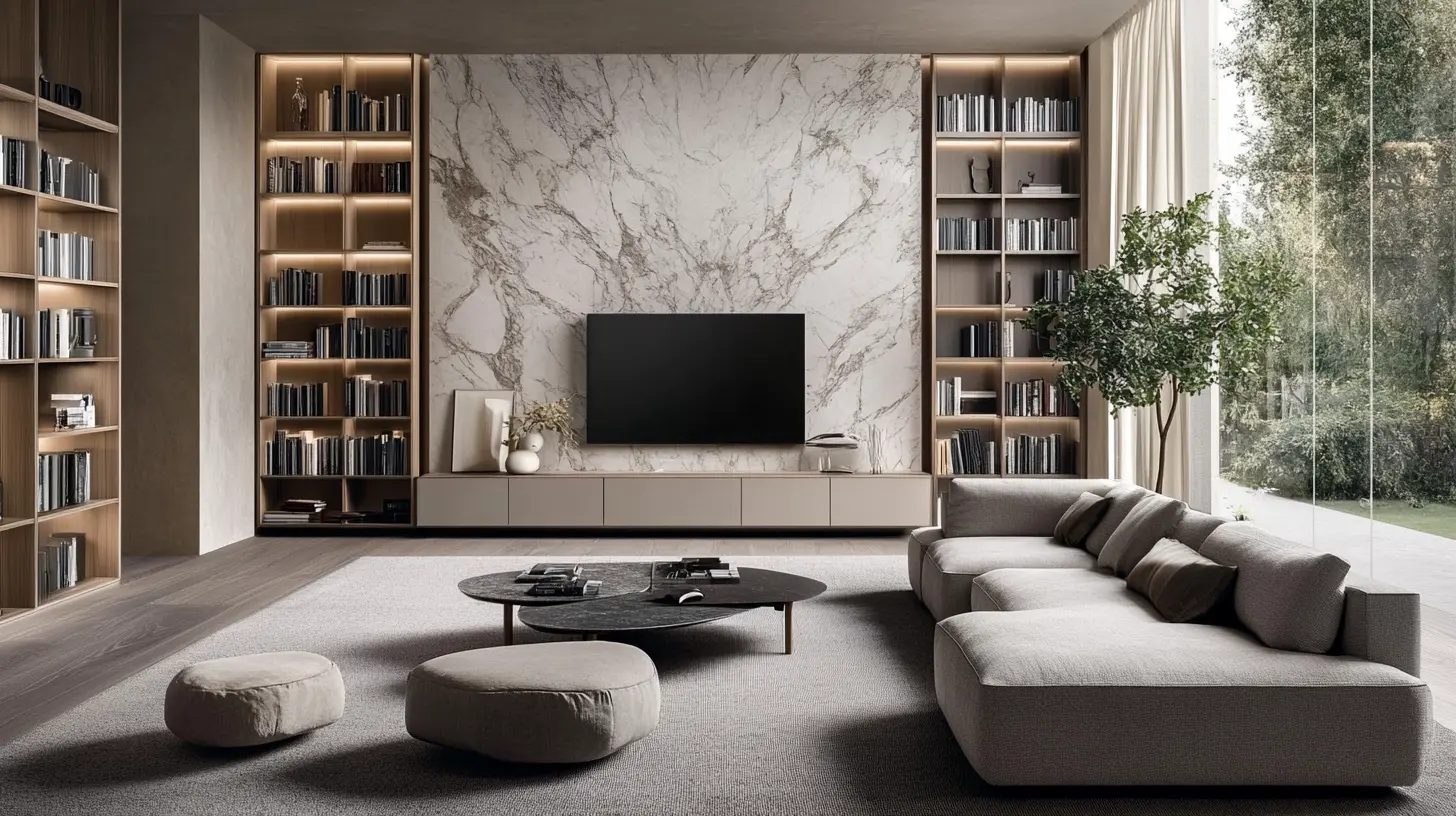 Modern Living Room with Marble Wall and Built-in Bookshelves A modern living room with a marble accent wall, built-in bookshelves, and a comfortable gray sofa.