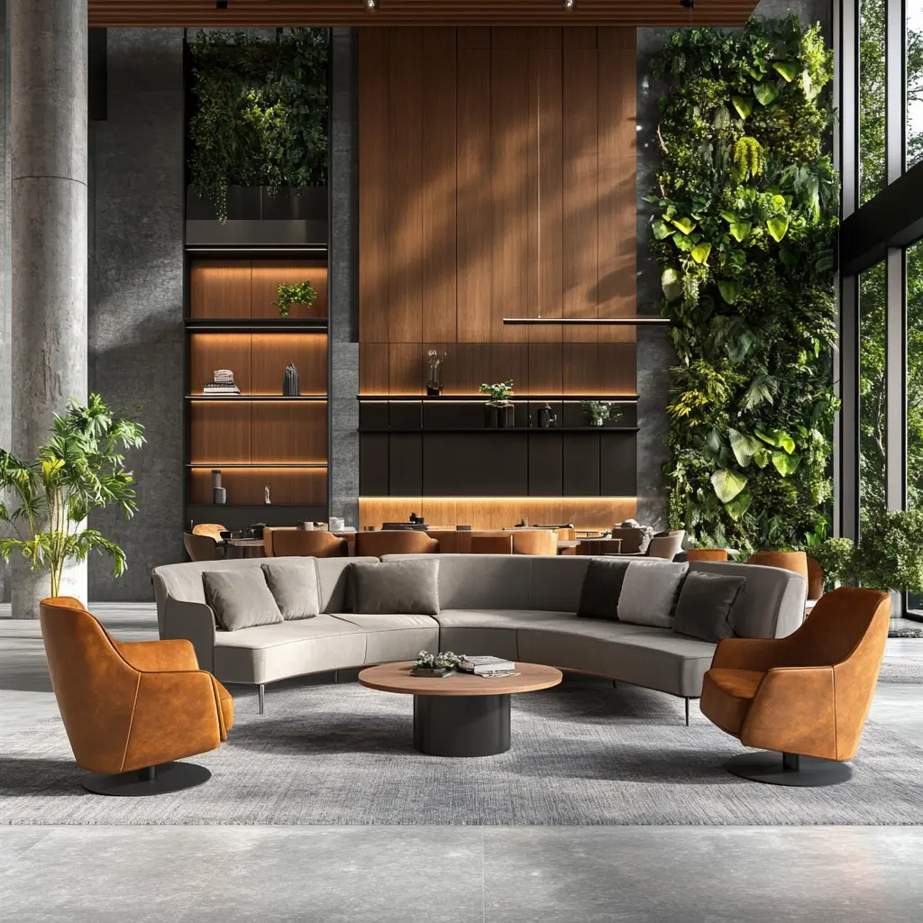 A modern livingroom with a large gray velvet sofa, plush pillows, and abundant natural light streaming through large windows.