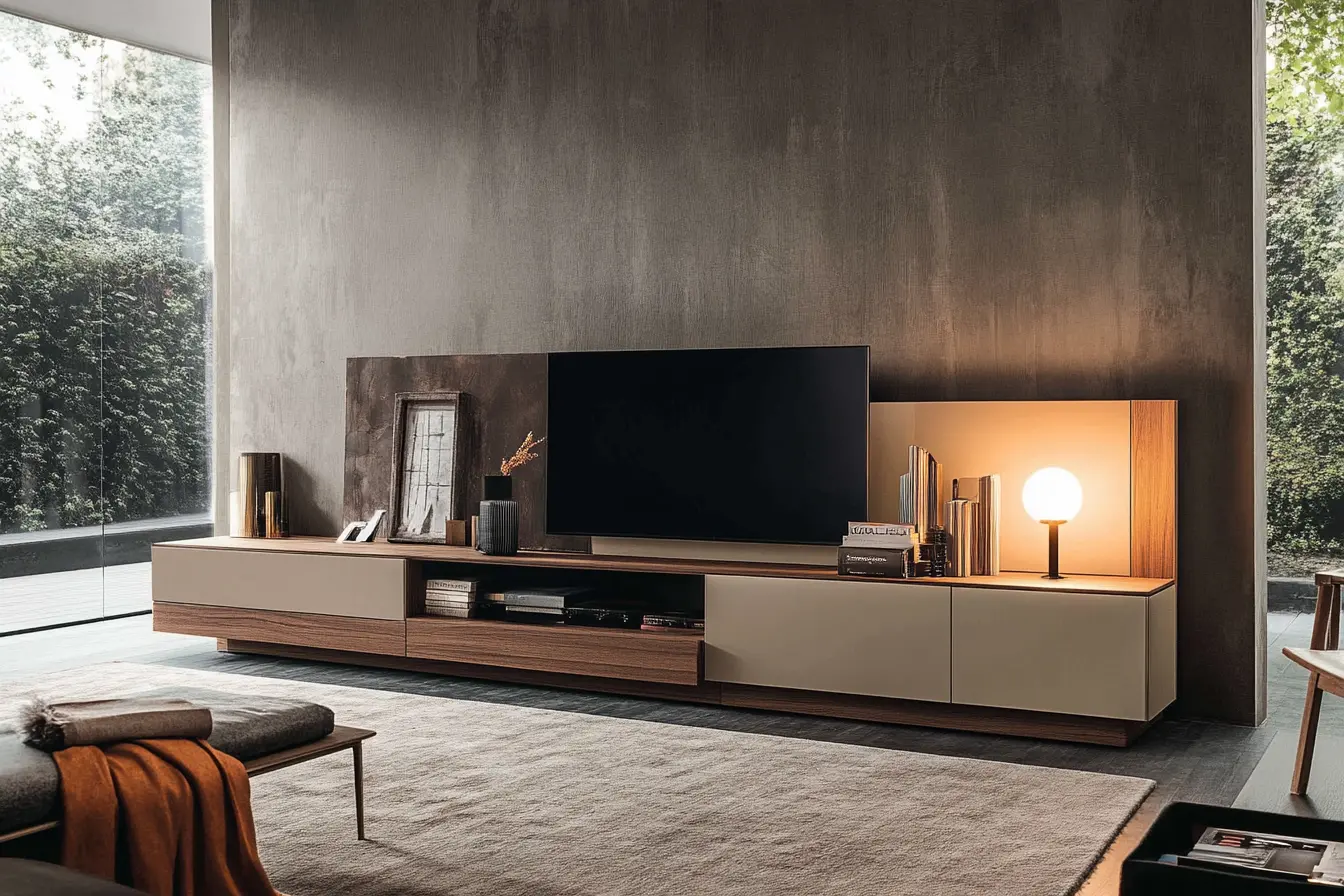 Modern Living Room TV Unit Design: Warm and Inviting A modern TV unit with a warm color scheme, set against a minimalist wall.