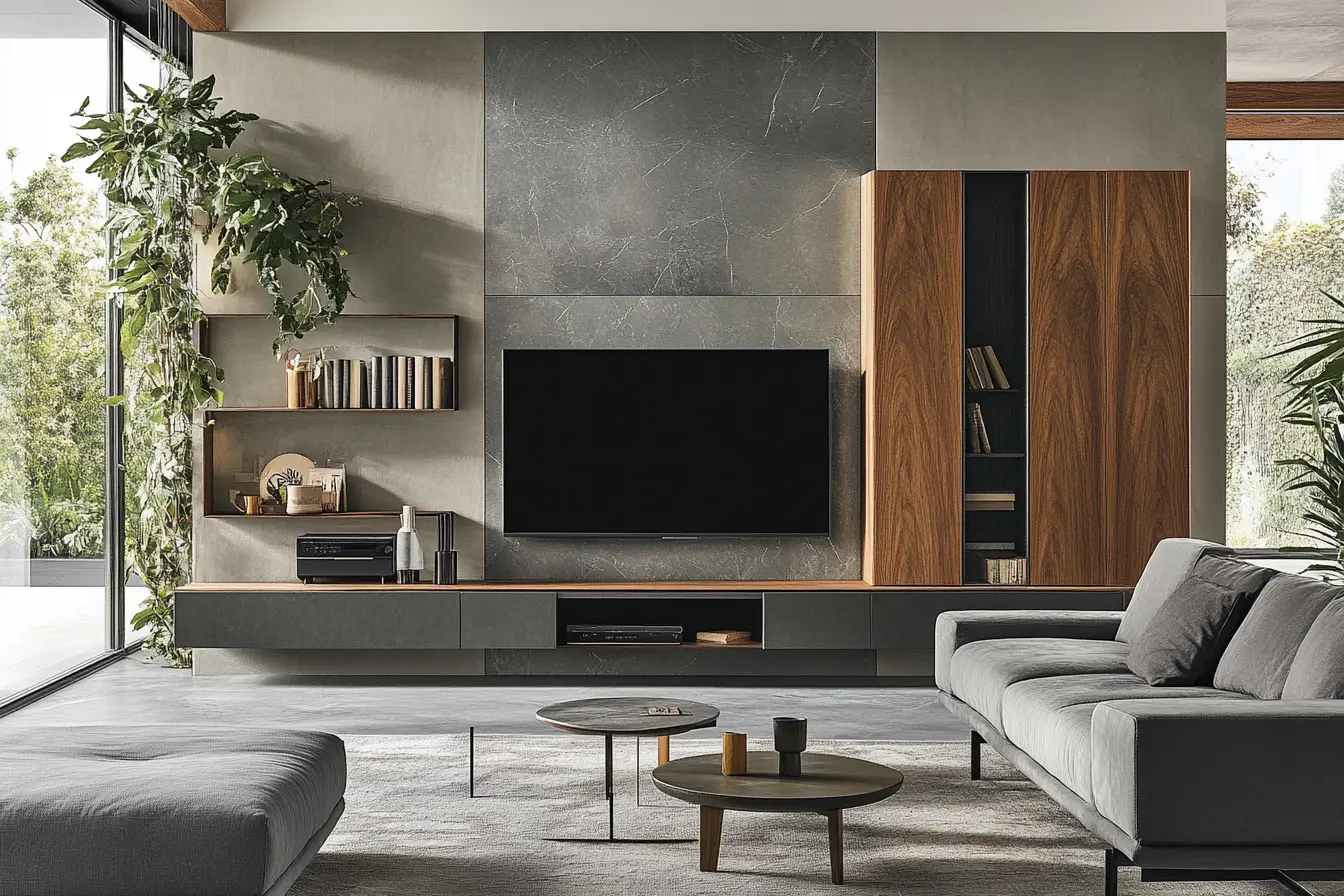 Modern Living Room with Grey Sofa and Wood Accents A modern living room interior with a grey sofa, wooden elements, and concrete and marble wall panels.