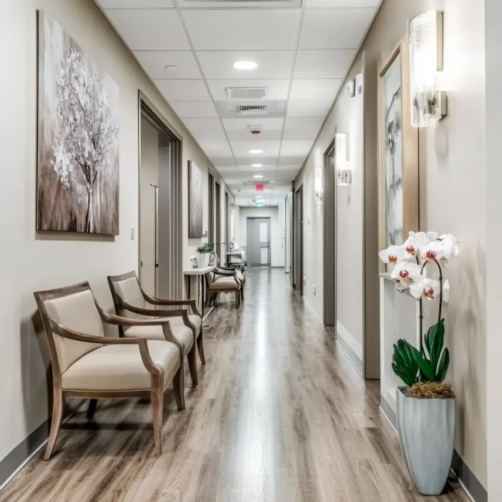 Consultorio médico moderno con diseño limpio y organizado A clean and modern medical office with a comfortable waiting area.