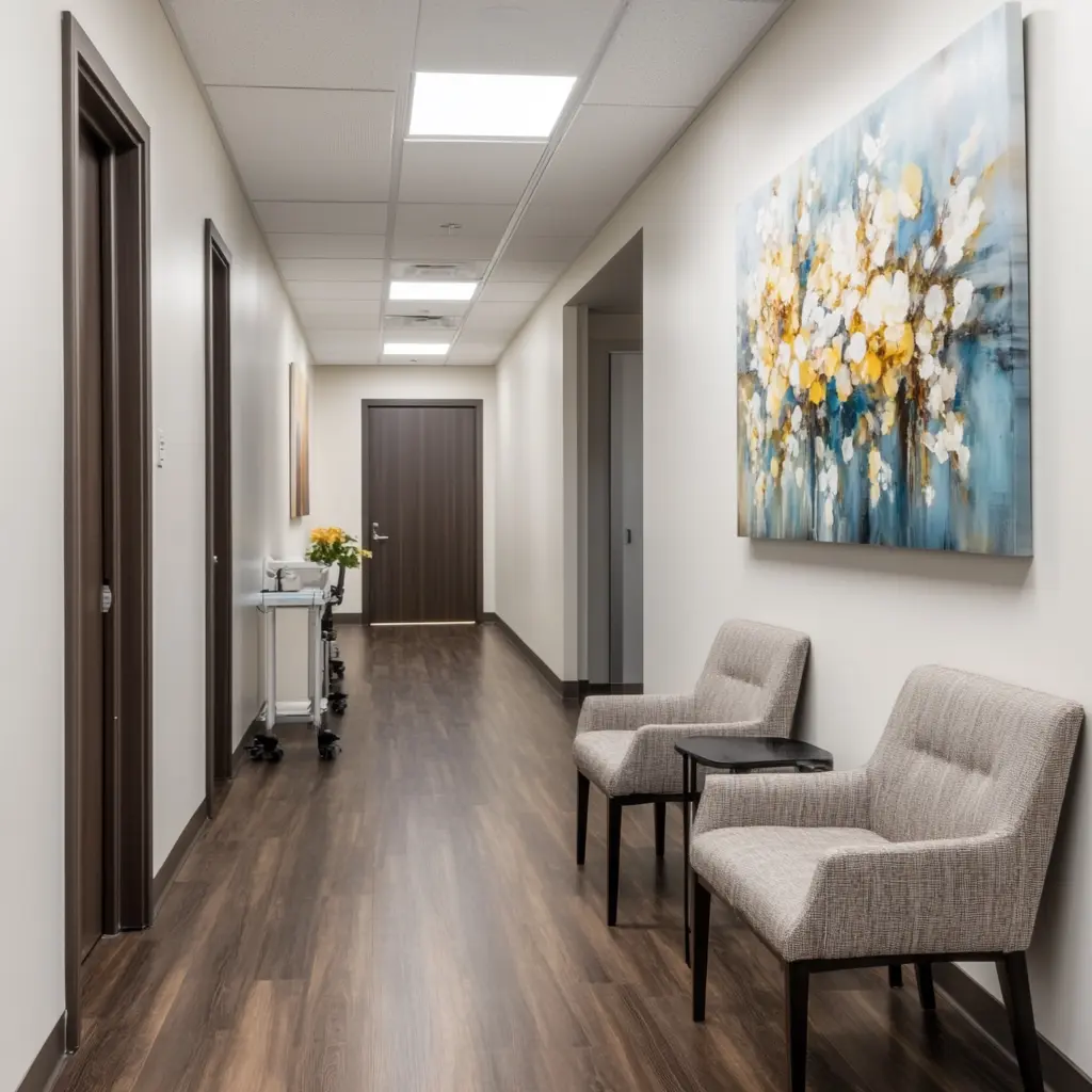 Professional and Modern Atmosphere: Discover Our Medical Office Modern medical office with clean and organized reception, comfortable waiting room with stylish furniture, wide hallways, private consultation rooms and a warm, professional atmosphere.