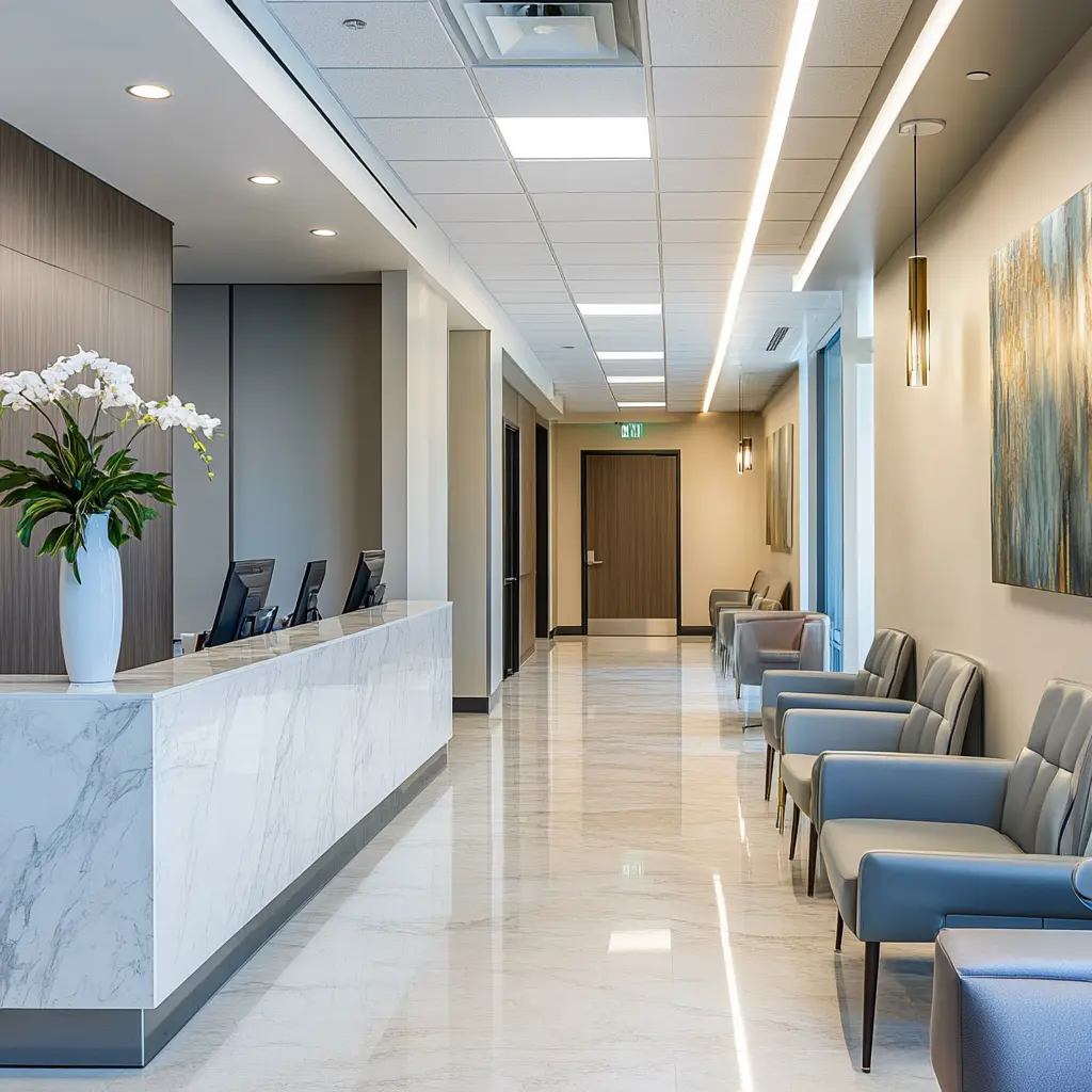 Modern Medical Office Design: Comfort and Care A sleek, modern medical office with a comfortable waiting area and private consultation rooms.