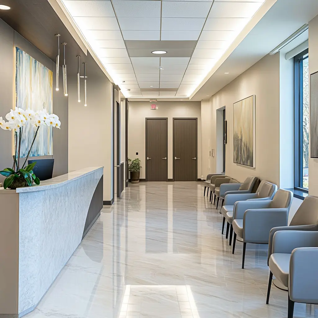Modern Medical Office: Where Wellness Meets Style Clean and modern medical office with comfortable seating
