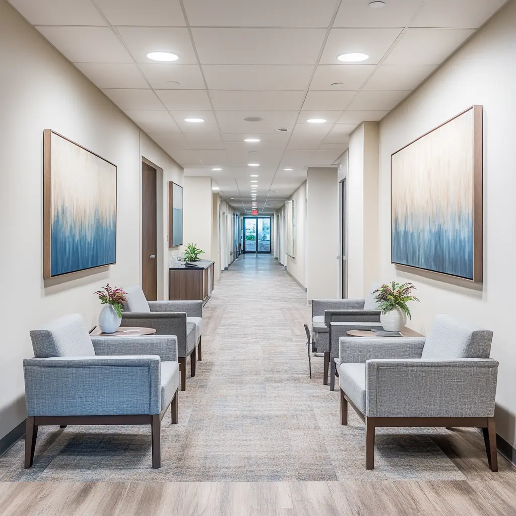 Modern Medical Office: Comfort and Care Combined A sleek, modern medical office with comfortable seating and warm lighting.