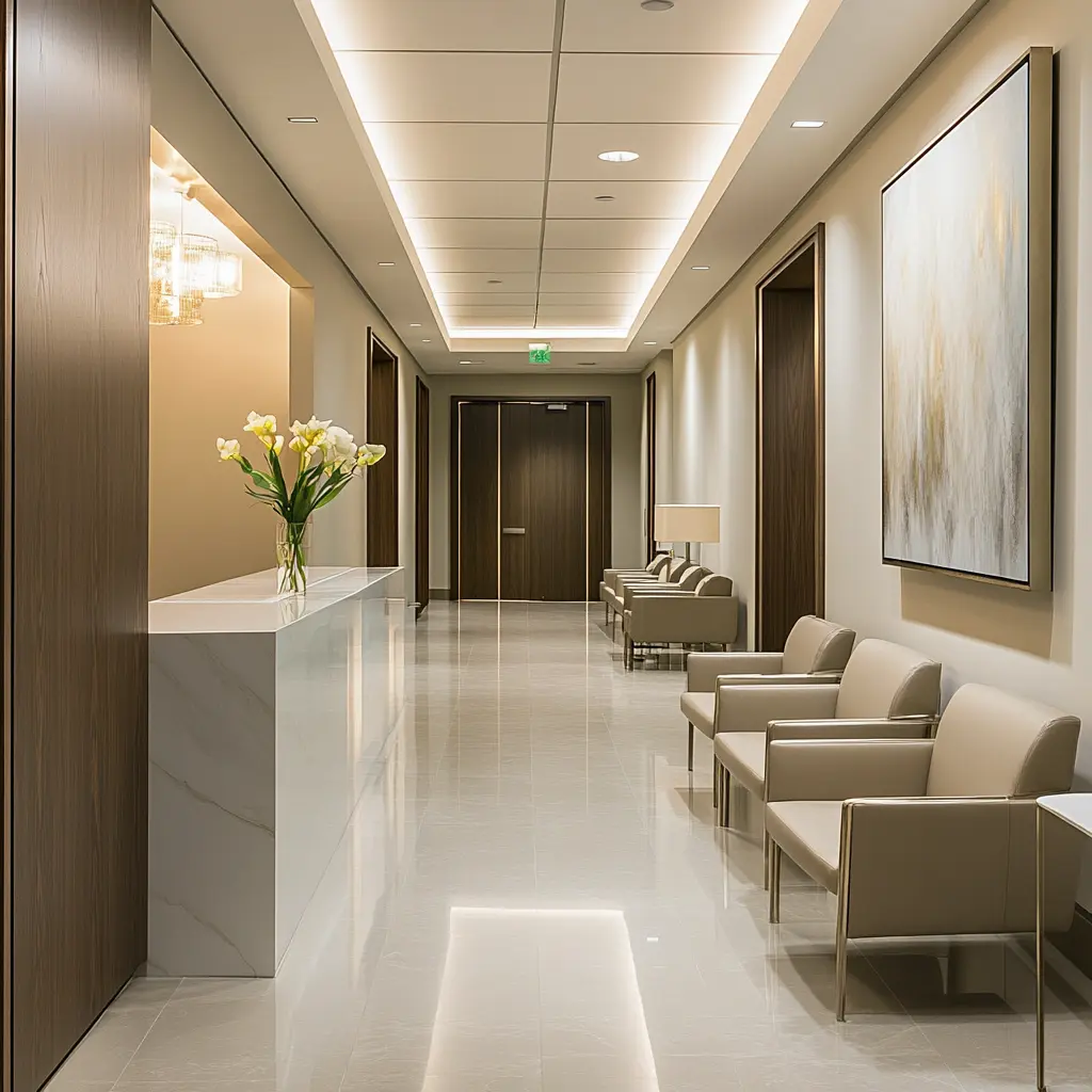 Sleek and Modern Medical Office: Comfort Meets Care Modern medical office with a comfortable waiting area and clean design