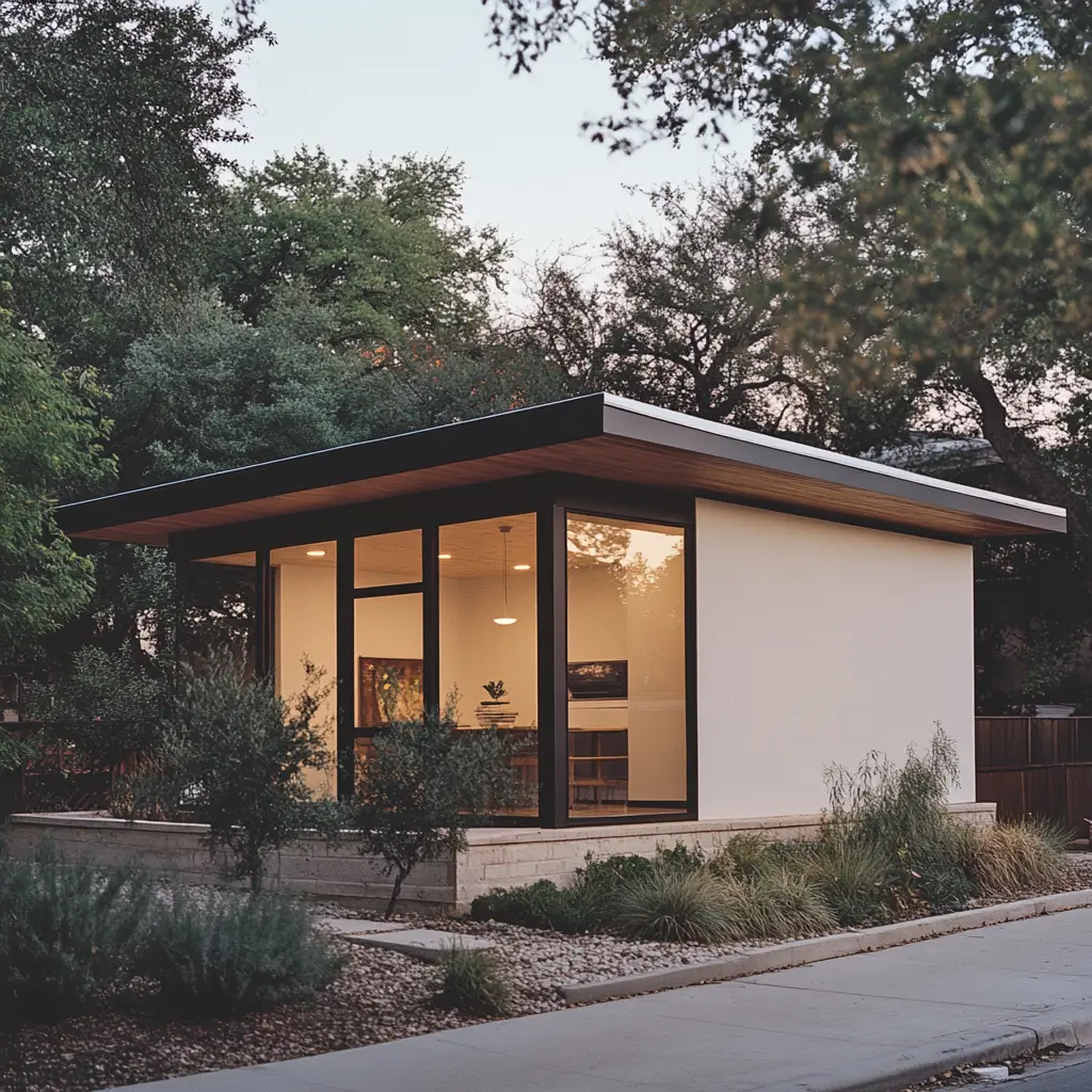 A minimalist house in Austin, Texas, featuring clean lines and large windows.