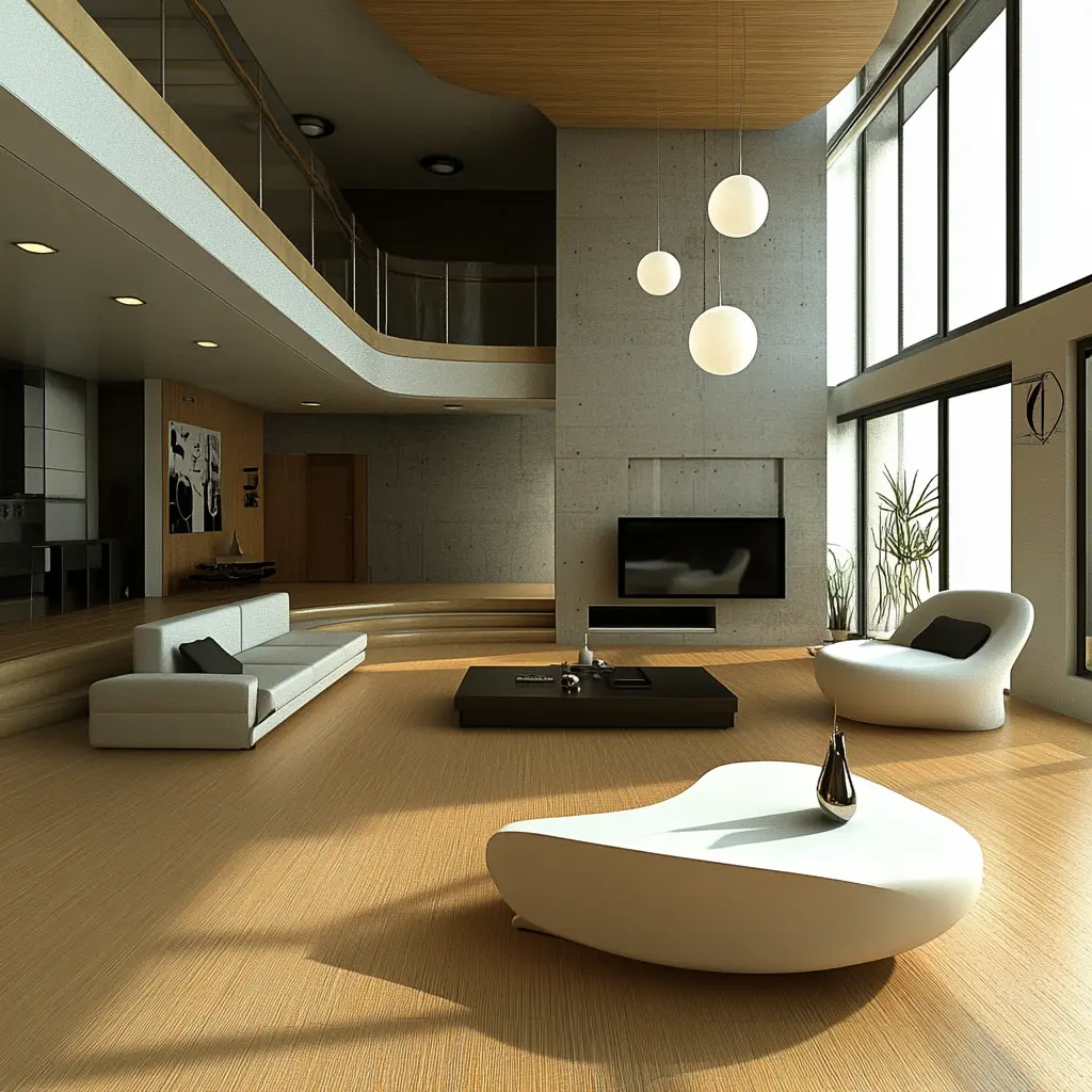 Minimalist living room with a neutral color palette, modern furniture, and large windows.