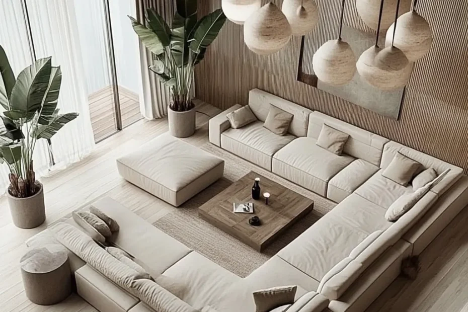 A modern living room with a minimalist design featuring neutral tones, large windows, comfortable seating, and green plants.