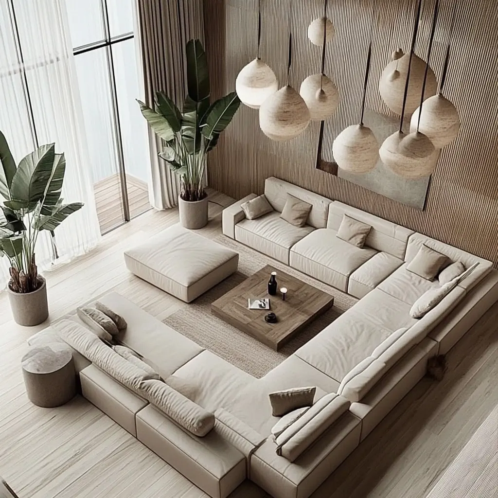A modern living room with a minimalist design featuring neutral tones, large windows, comfortable seating, and green plants.