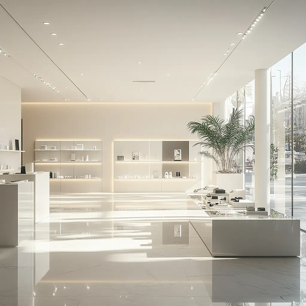 Discover Modern Retail: A Welcoming and Stylish Space Sleek retail store interior with stylish product displays and natural lighting